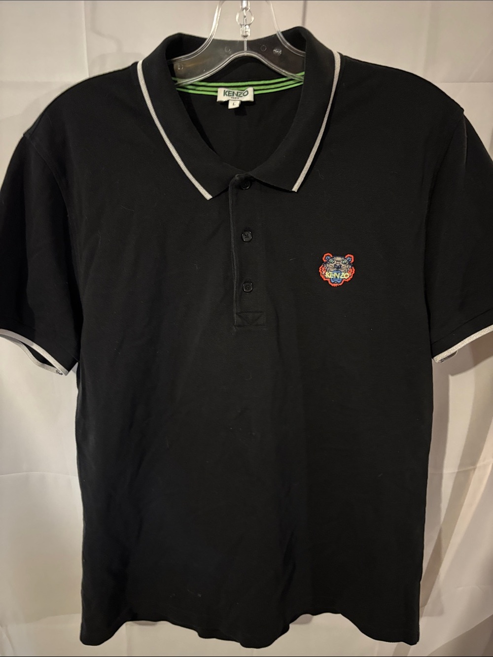 Kenzo Black Polo with Contrasting Trim and Embroidered Tiger Patch